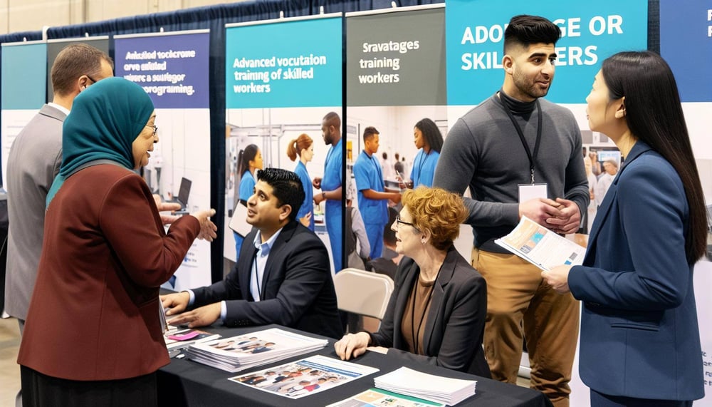 Arbeitnehmer bei einer Jobmesse, die sich über Lösungen zum Fachkräftemangel informieren